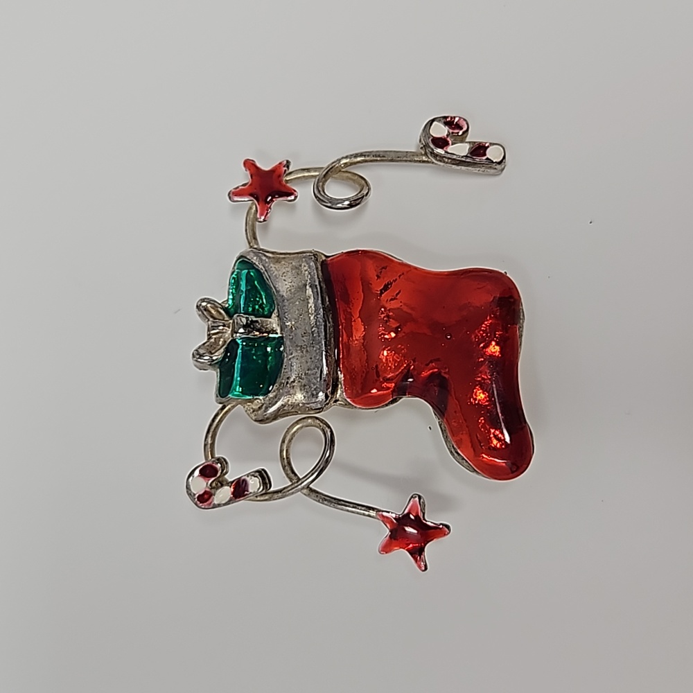 Christmas Stocking Brooch Pin Silver Tone Enamel Red Green White - Picture 2 of 12